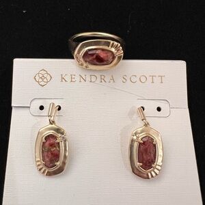 Kendra Scott Gold and Red Dangle Earrings and Ring (size 8) with Faceted Stones